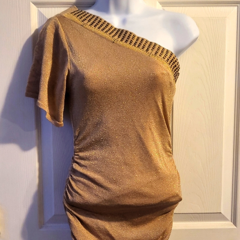 Cache off one shoulder, glittery top